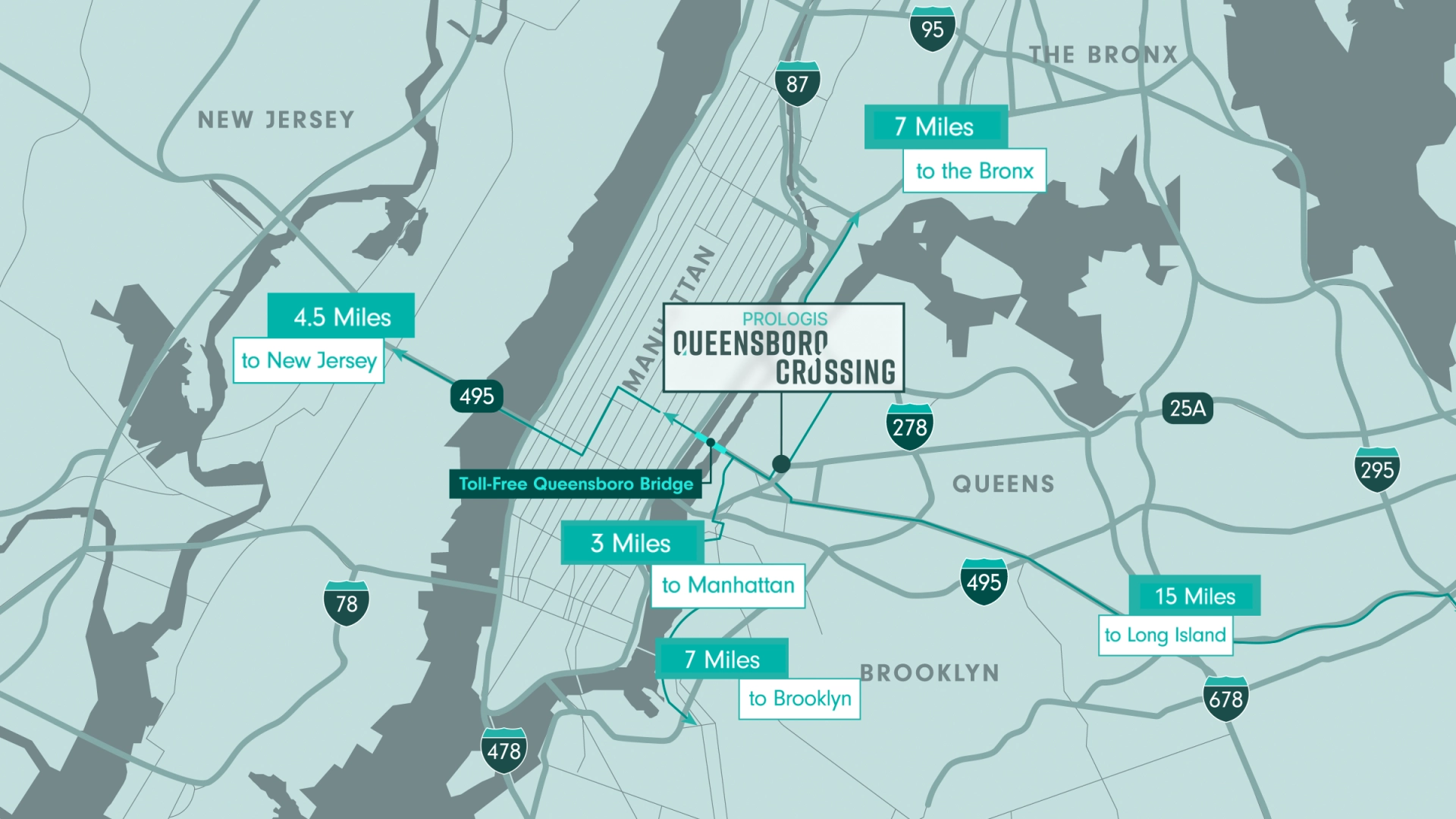 Strategic location map of Queensboro Crossing with travel distances to surrounding boroughs